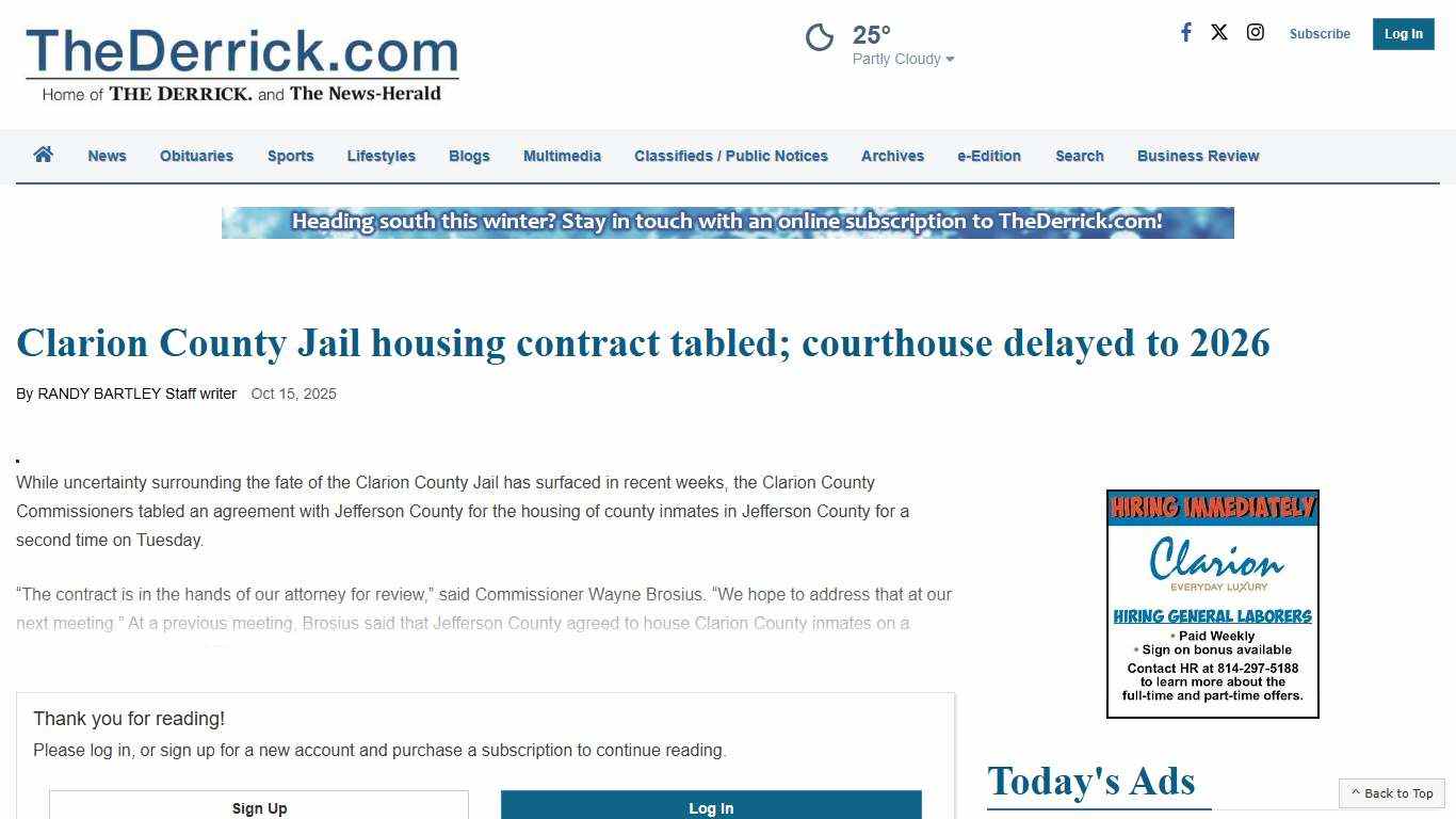 Clarion Jail Housing Contract Tabled; Courthouse Delayed to 2026 | Front Page | thederrick.com